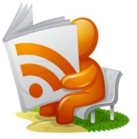 cartoon man sitting on a bench reading an oversized magazine with an RSS symbol on the cover